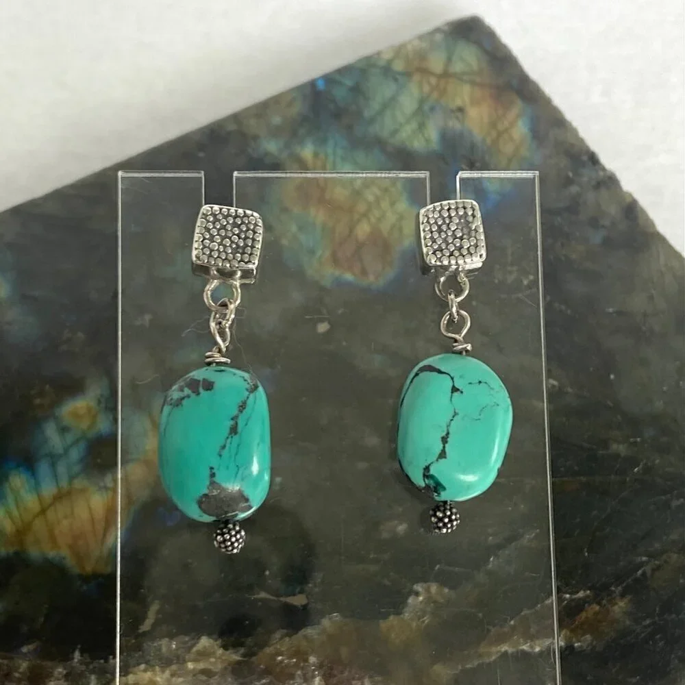 Sterling Silver 925 Southwest Style Beaded Turquoise Square Stud Dangle Earrings